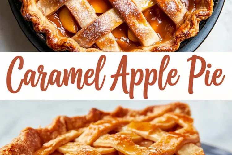 Two-photo collage featuring a whole caramel apple pie with a glossy lattice crust in the top frame and a single slice of caramel apple pie with rich caramel filling in the bottom frame, labeled “Caramel Apple Pie” in handwritten font.