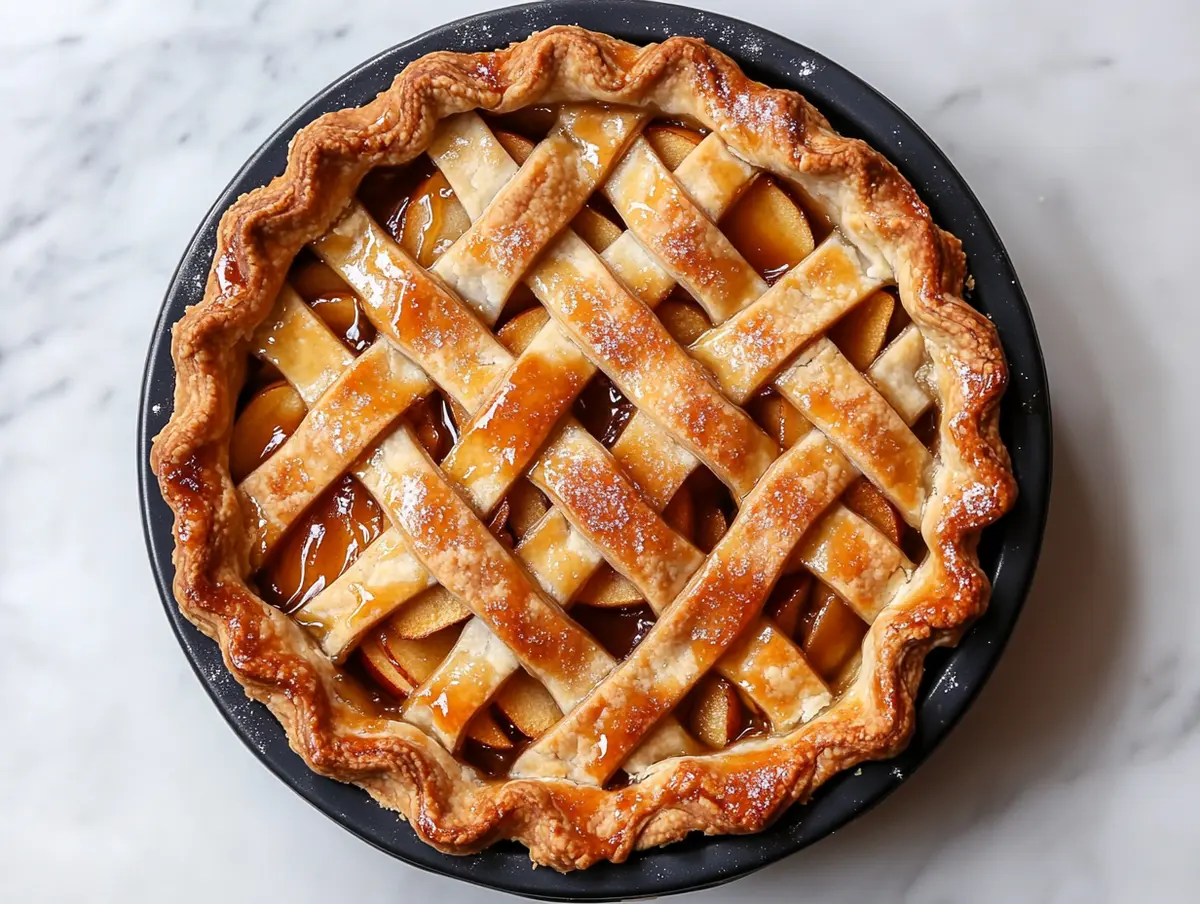 Overhead shot of a freshly baked caramel apple pie in a black pie dish, featuring golden lattice crust and bubbling caramel filling between apple slices.