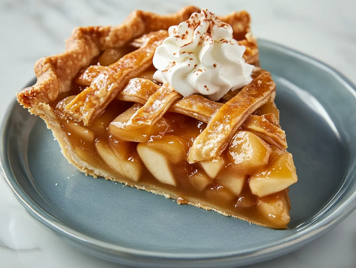 Close-up of a plated slice of caramel apple pie topped with whipped cream and sprinkled cinnamon, showing layers of spiced apple filling and flaky crust on a blue plate.