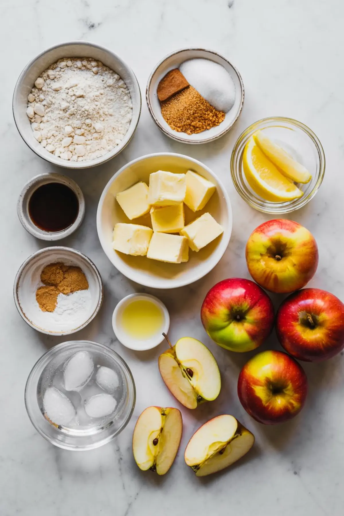 Flat lay of fresh caramel apple pie ingredients on a marble background including apples, cubed butter, flour, spices, lemon slices, sugar, vanilla extract, and ice water in small bowls.