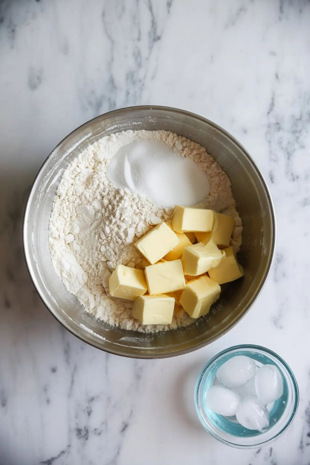 Overhead view of a metal mixing bowl filled with cubed butter, granulated sugar, and all-purpose flour on a marble countertop, with a small glass bowl of ice water beside it, showcasing basic ingredients for pie crust preparation.