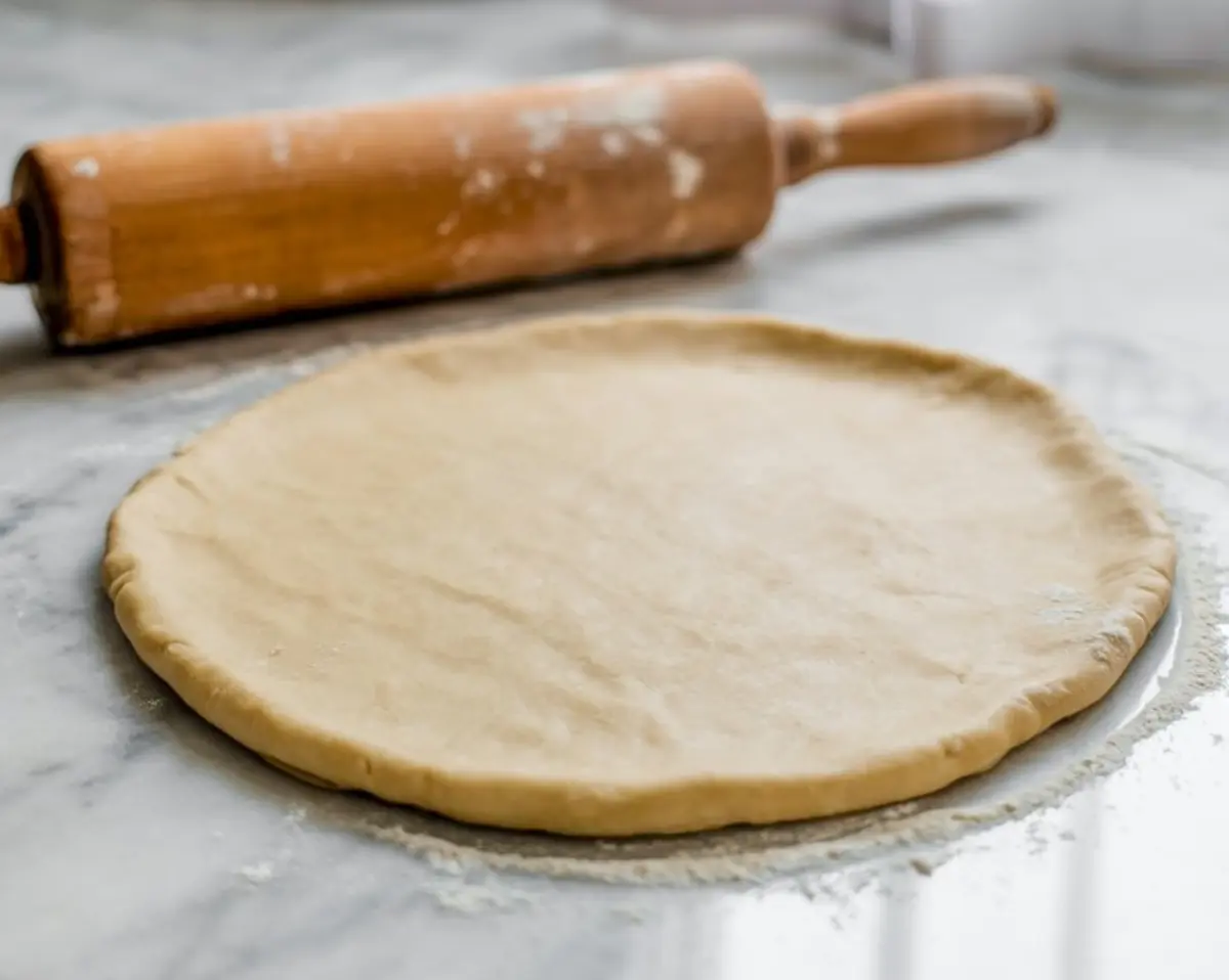 Rolled-out raw pie crust dough on a floured marble surface next to a wooden rolling pin, ready for filling or shaping for a homemade pie.