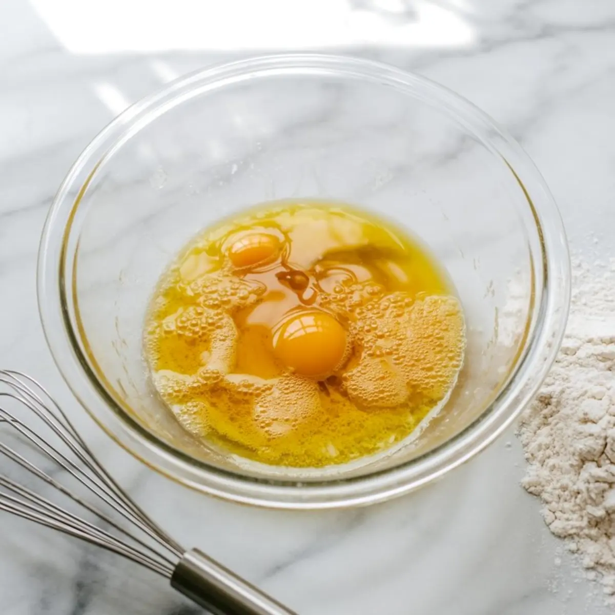 Overhead view of a glass bowl with cracked eggs and melted butter on a marble surface, next to a pile of flour and a metal whisk, showing the start of a baking process.