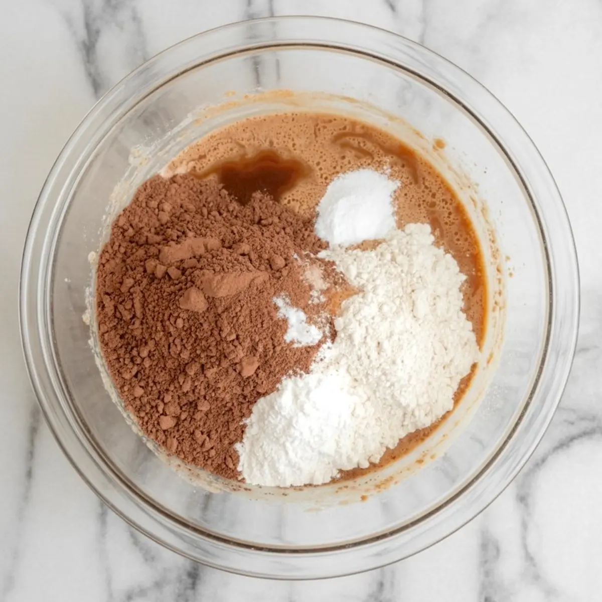 Mixing bowl with wet ingredients partially combined with cocoa powder, flour, baking powder, and sugar, set on a marble countertop, mid-step in brownie batter preparation.