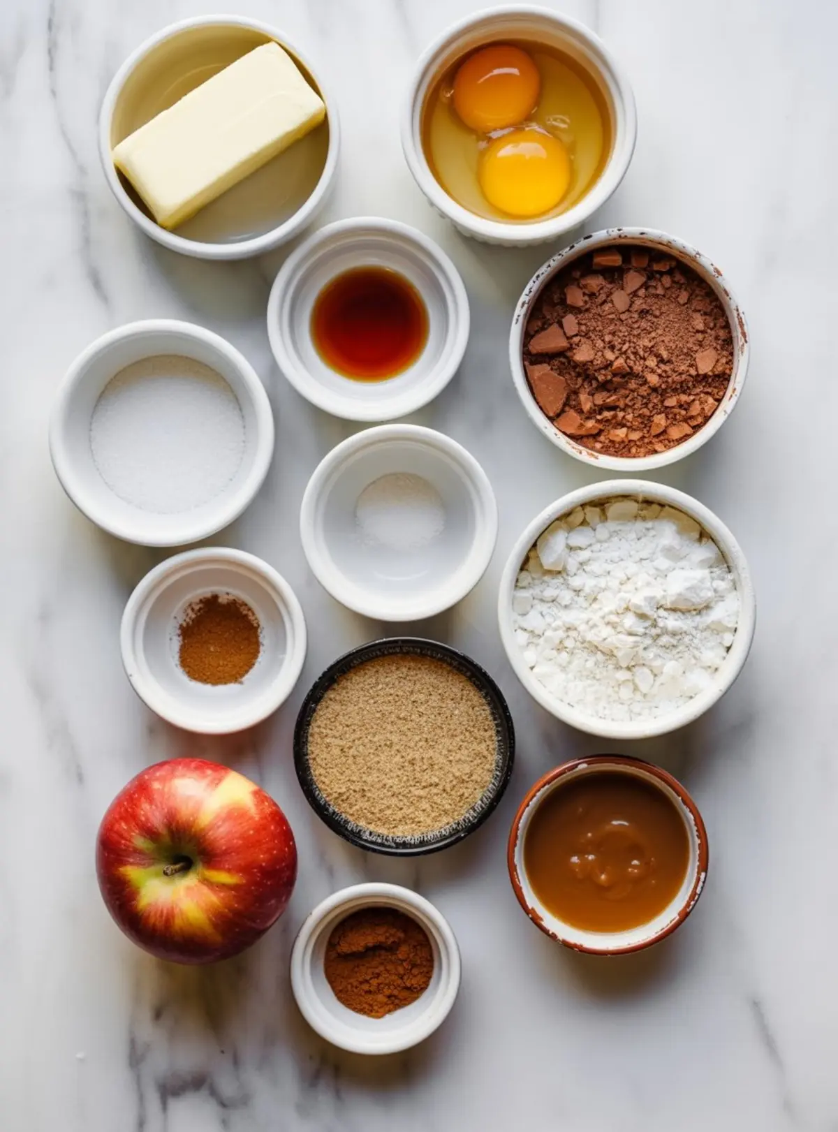 Flat lay of caramel apple skillet brownie ingredients including eggs, butter, sugar, flour, cocoa powder, vanilla, cinnamon, caramel sauce, and a fresh red apple in small bowls on white marble.