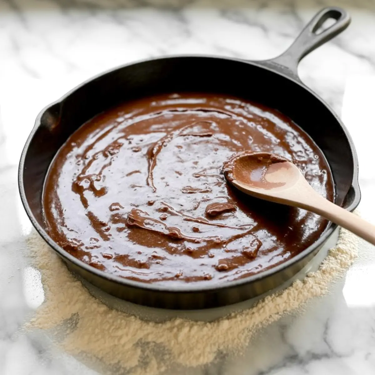 Unbaked brownie batter spread in a cast iron skillet with a wooden spoon resting on top, set on a floured marble surface, ready for baking.