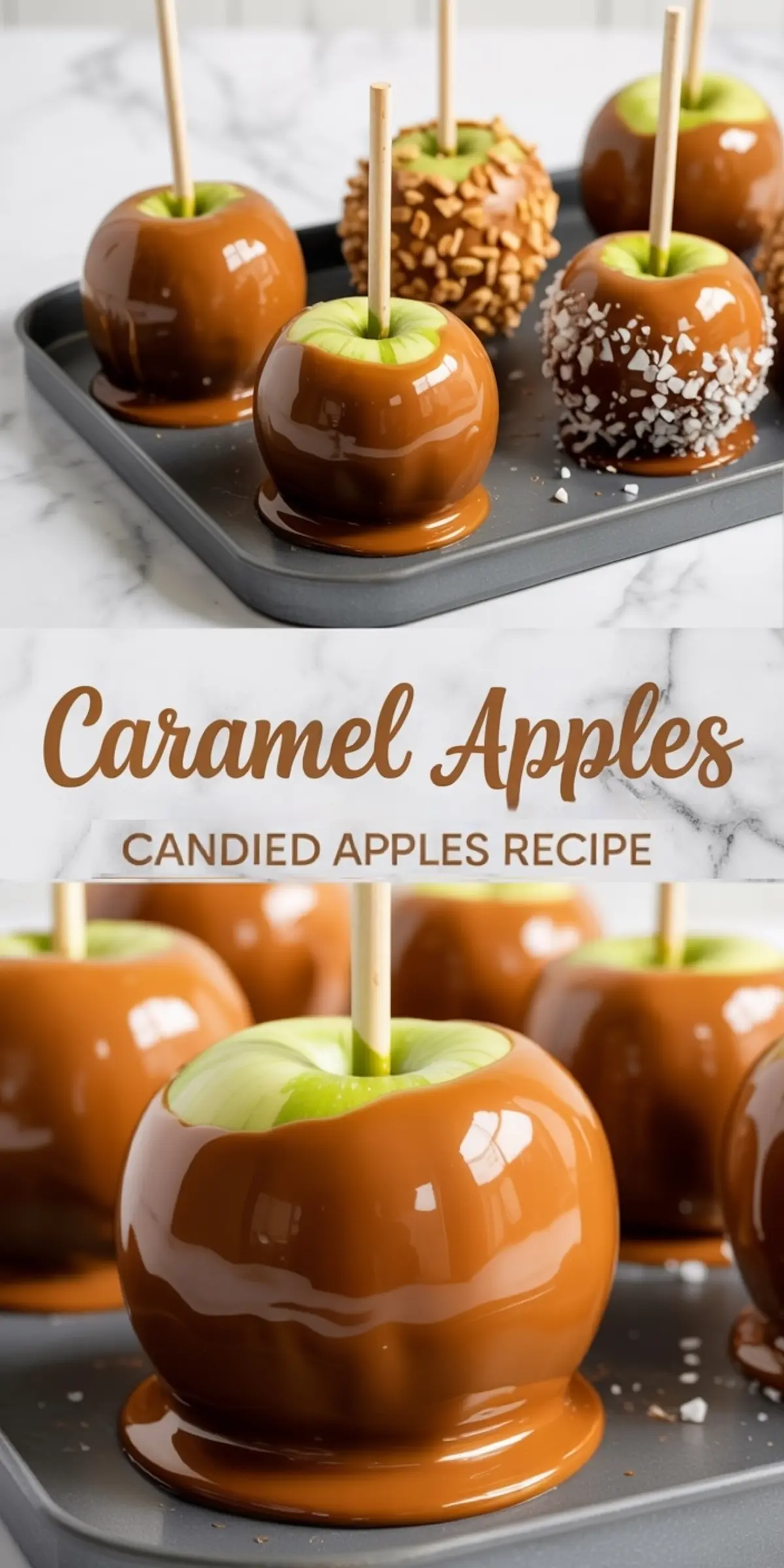 A baking sheet lined with glossy caramel apples on sticks, some coated with crushed peanuts or coarse sugar, set against a marble background with the text “Caramel Apples Candied Apples Recipe” in a decorative font.