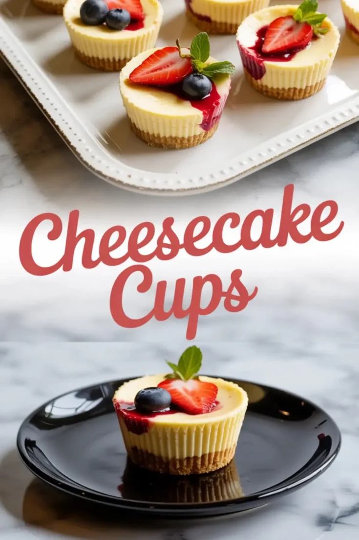 Collage of mini cheesecake cups on a white serving tray and a black plate, topped with strawberry slices, blueberries, and mint leaves, with text overlay reading “Cheesecake Cups.”