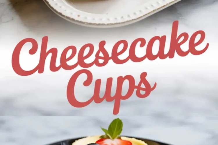 Collage of mini cheesecake cups on a white serving tray and a black plate, topped with strawberry slices, blueberries, and mint leaves, with text overlay reading “Cheesecake Cups.”