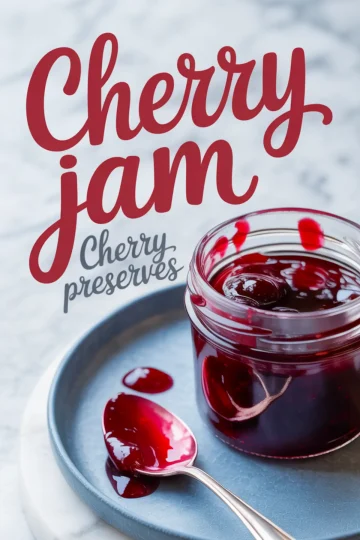 Stylized collage with top text “Cherry Jam – Cherry Preserves” over a close-up of a jar of cherry jam on a blue plate with a spoon, surrounded by bright red syrup drops.