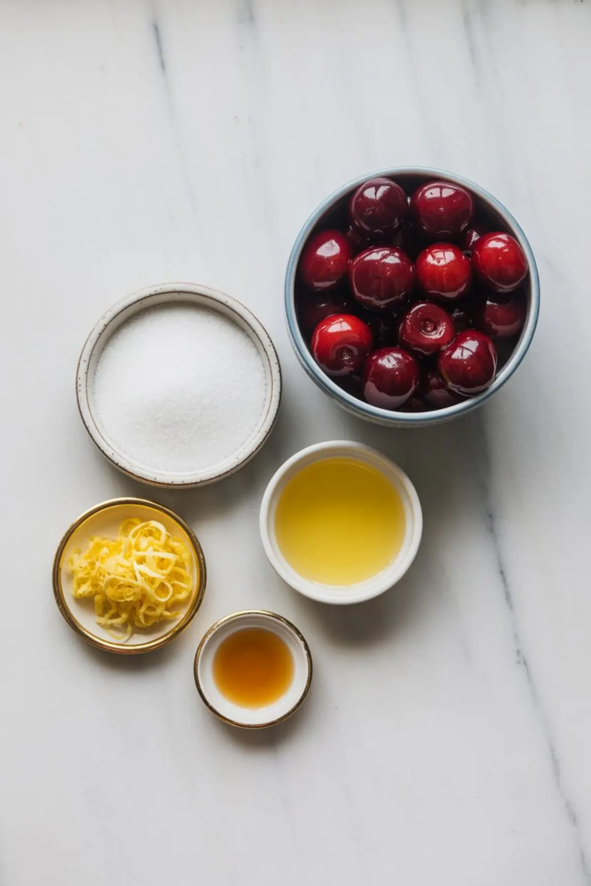 Flat lay of cherry jam ingredients including a bowl of fresh cherries, granulated sugar, lemon zest, lemon juice, and vanilla extract on a white marble background.