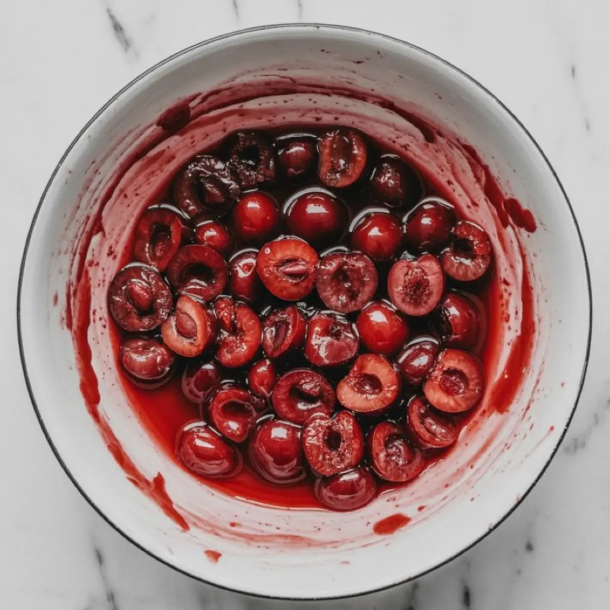 White mixing bowl filled with pitted cherries in vibrant red syrup, showing rich fruit texture and juice-stained sides.