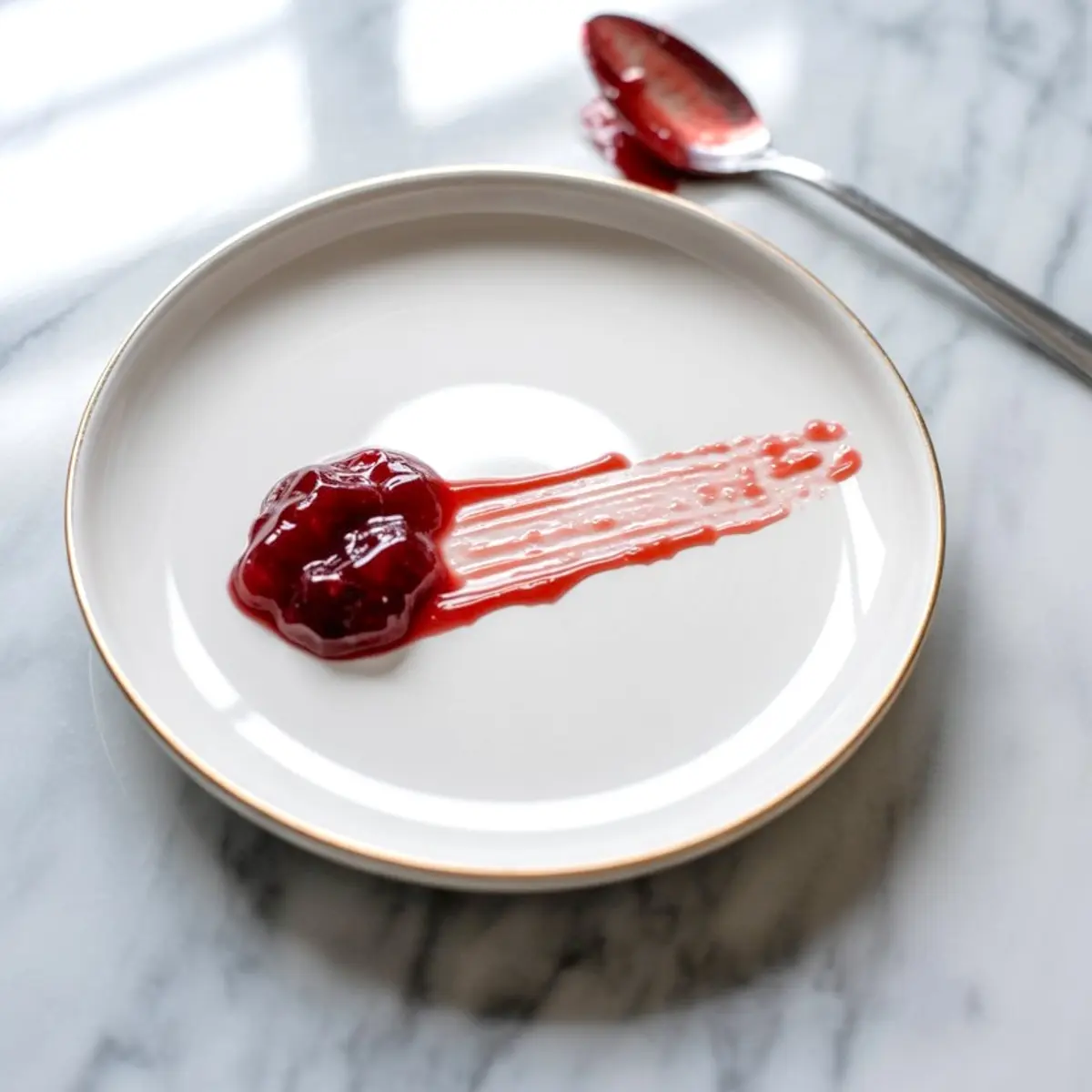 Plate with a smear of cherry jam and a spoon in the background, showcasing the jam’s consistency and glossy texture on a marble surface.