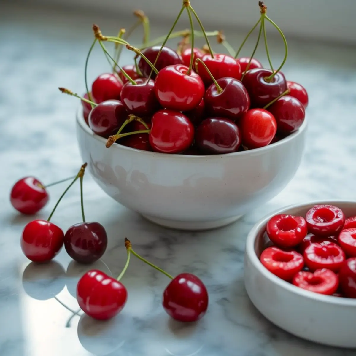 White ceramic bowls filled with fresh red cherries and pitted cherries on a marble countertop, with whole cherries scattered around for a natural display.