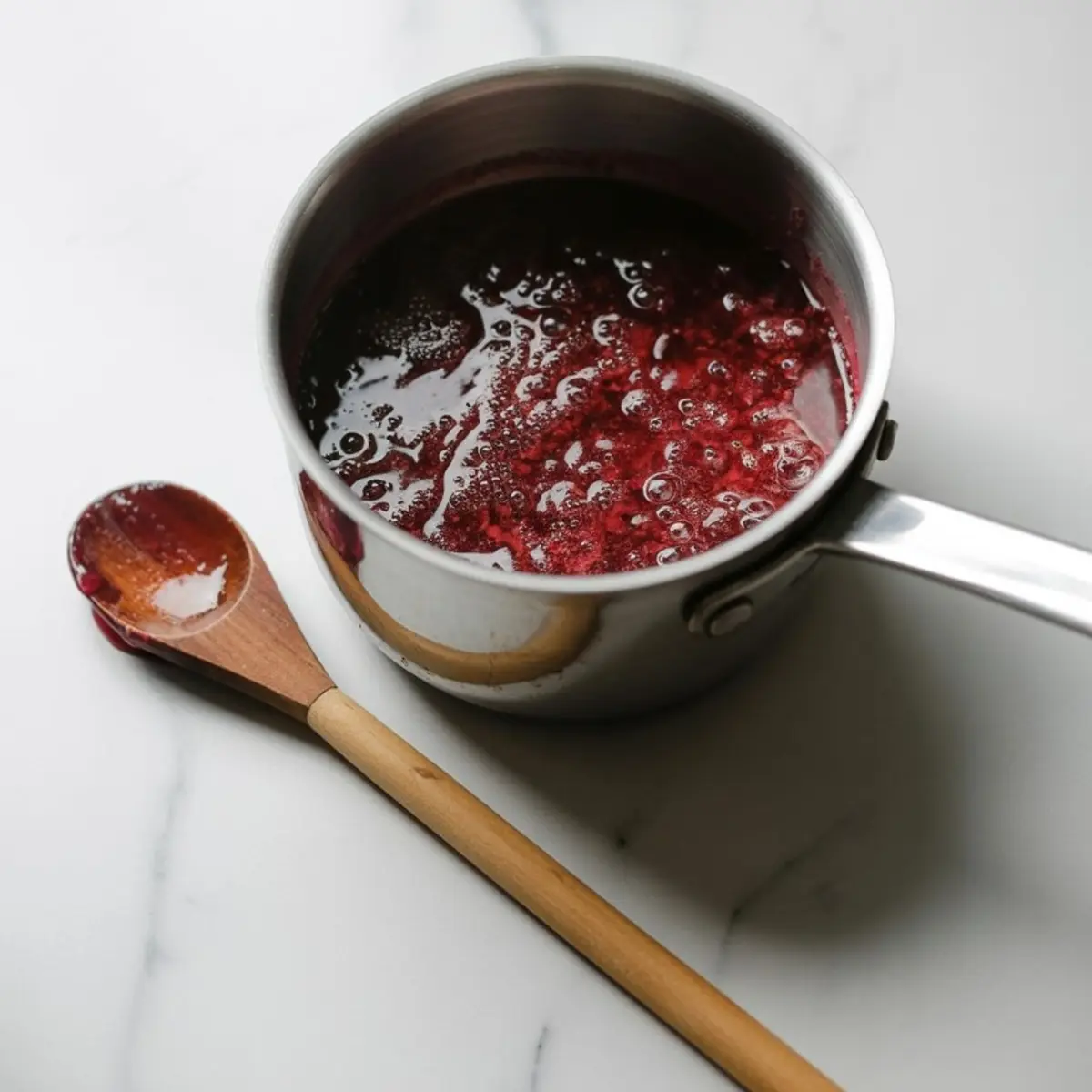 Stainless steel saucepan filled with bubbling cherry mixture, placed on a white marble surface next to a wooden spoon coated in red syrup.