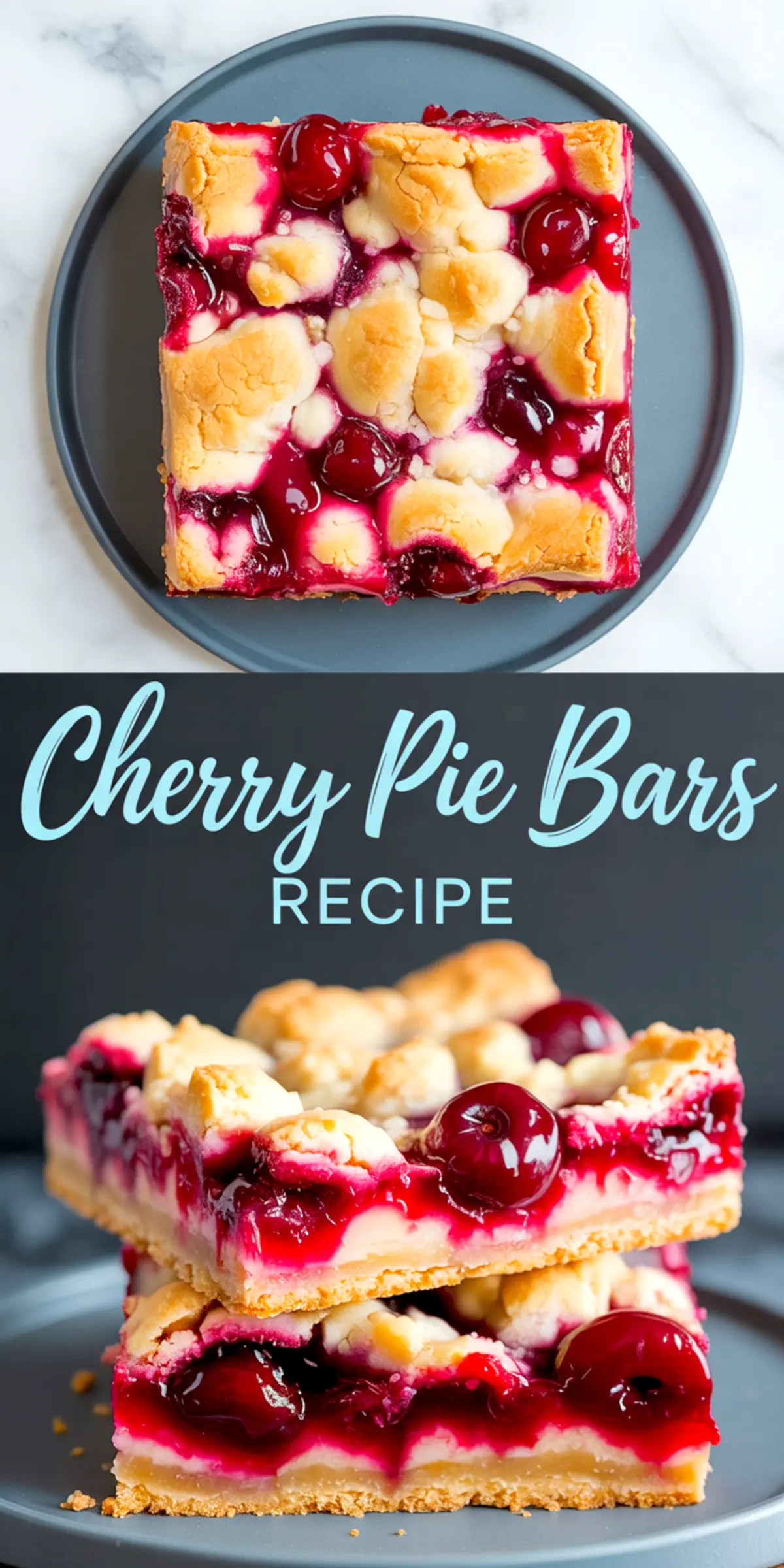Two-photo collage showing a top view and side view of cherry pie bars with golden crumble topping, bright cherry filling, and creamy base, labeled with "Cherry Pie Bars Recipe" in blue script.