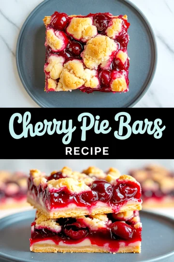 Pinterest-style collage of cherry pie bars with a top-down view of a single slice and a close-up of two stacked bars, showcasing cherry filling and buttery crust under "Cherry Pie Bars Recipe" text.