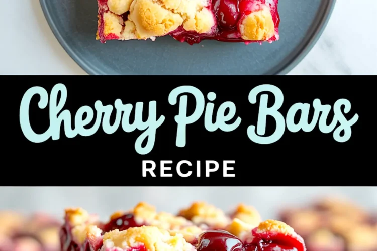 Pinterest-style collage of cherry pie bars with a top-down view of a single slice and a close-up of two stacked bars, showcasing cherry filling and buttery crust under "Cherry Pie Bars Recipe" text.