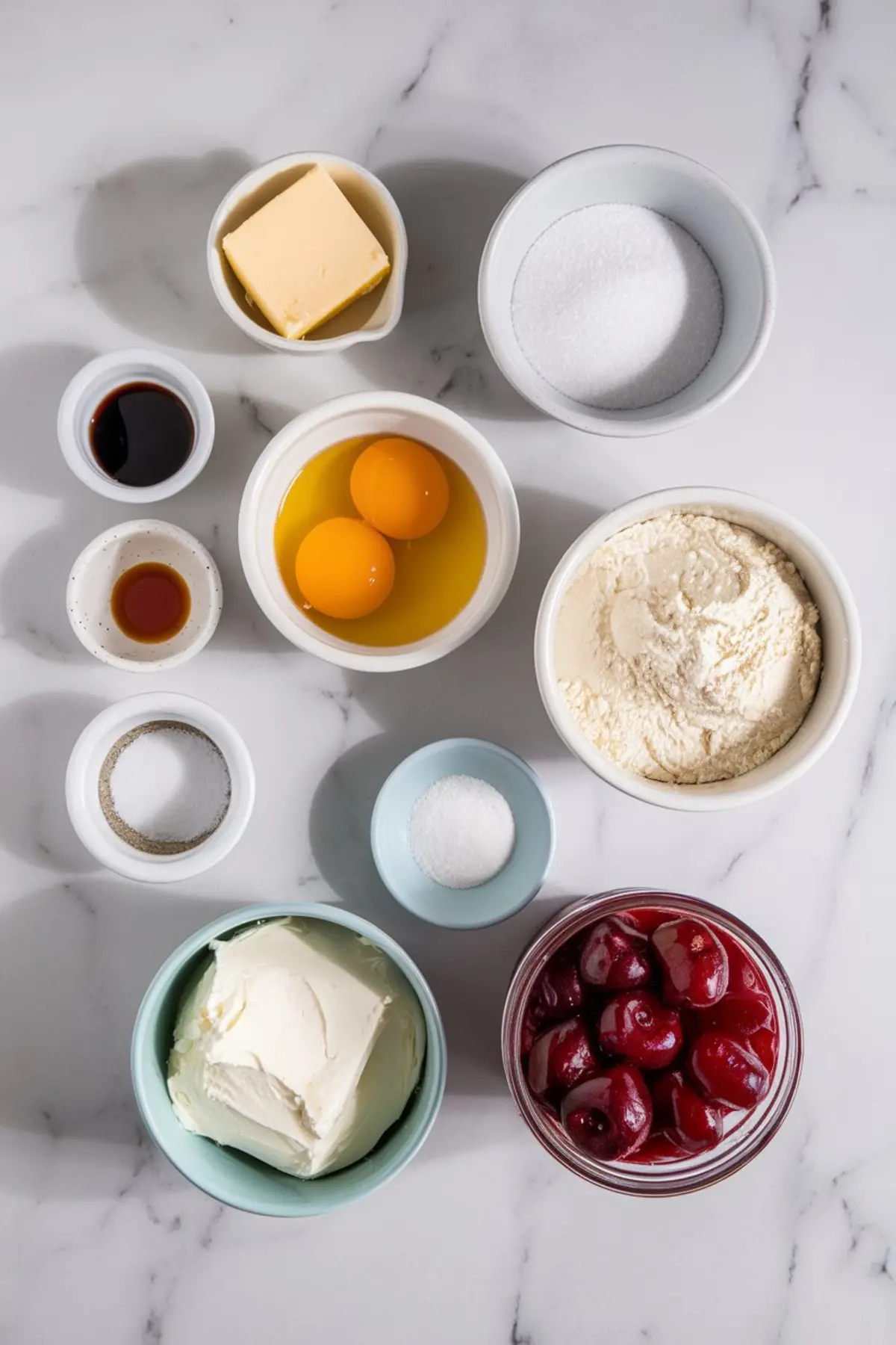 Flat lay of cherry pie bar ingredients on marble surface, including butter, eggs, flour, sugar, cream cheese, vanilla extract, almond extract, salt, and cherry pie filling.