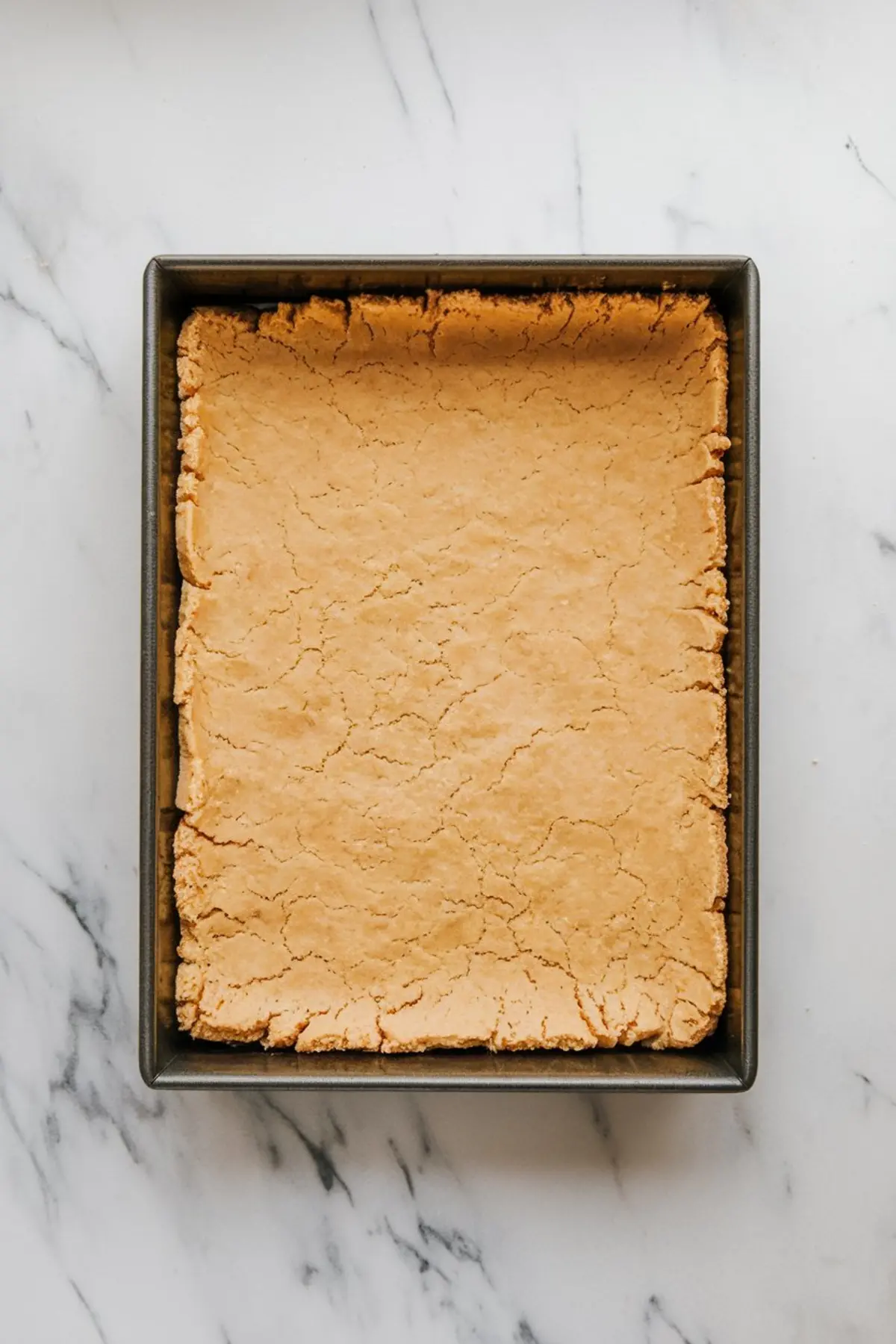 Baked shortbread crust pressed into a rectangular metal baking pan, forming the base layer for cherry pie bars.