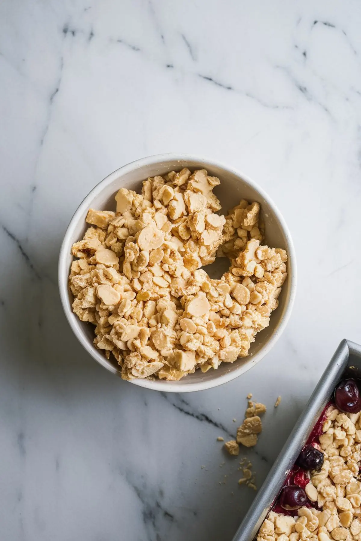 White ceramic bowl filled with crumbly oat and almond topping mixture, placed next to a partially assembled cherry dessert on a marble countertop.