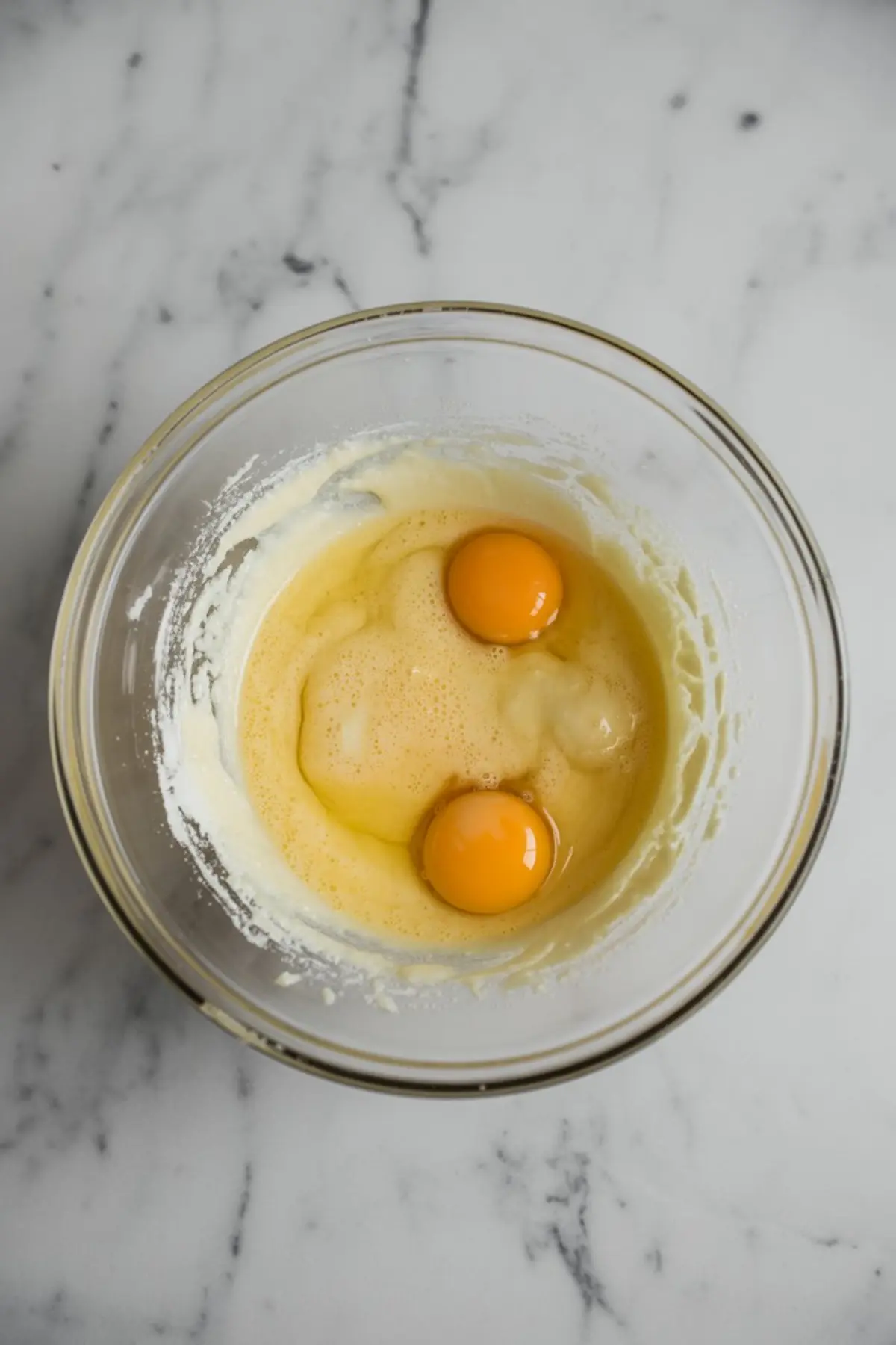Overhead view of creamed butter and sugar mixture with two raw eggs in a glass mixing bowl on a marble countertop.