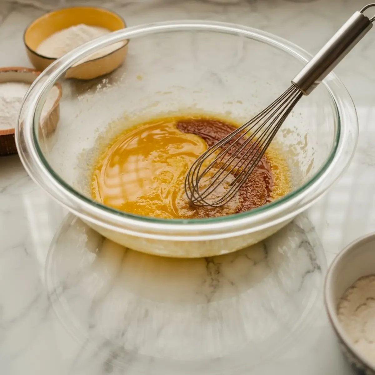 Glass bowl with whisk mixing melted butter and brown sugar on marble counter, surrounded by bowls of flour and sugar, in the early stages of cookie dough preparation.