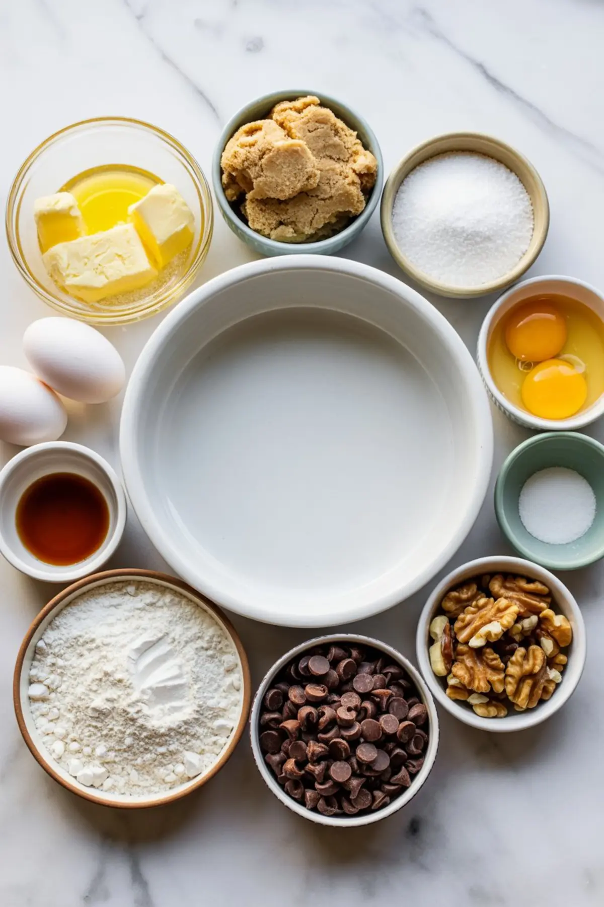 Flat lay of cookie pie ingredients on marble surface, including eggs, butter, brown sugar, granulated sugar, flour, chocolate chips, walnuts, vanilla extract, salt, and a mixing bowl.