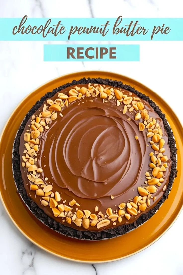 Whole chocolate peanut butter pie topped with glossy ganache and chopped peanuts on a dark cookie crust, presented on a mustard-colored plate with a recipe title above.