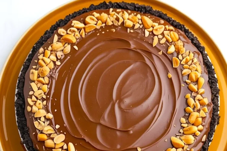 Whole chocolate peanut butter pie topped with glossy ganache and chopped peanuts on a dark cookie crust, presented on a mustard-colored plate with a recipe title above.
