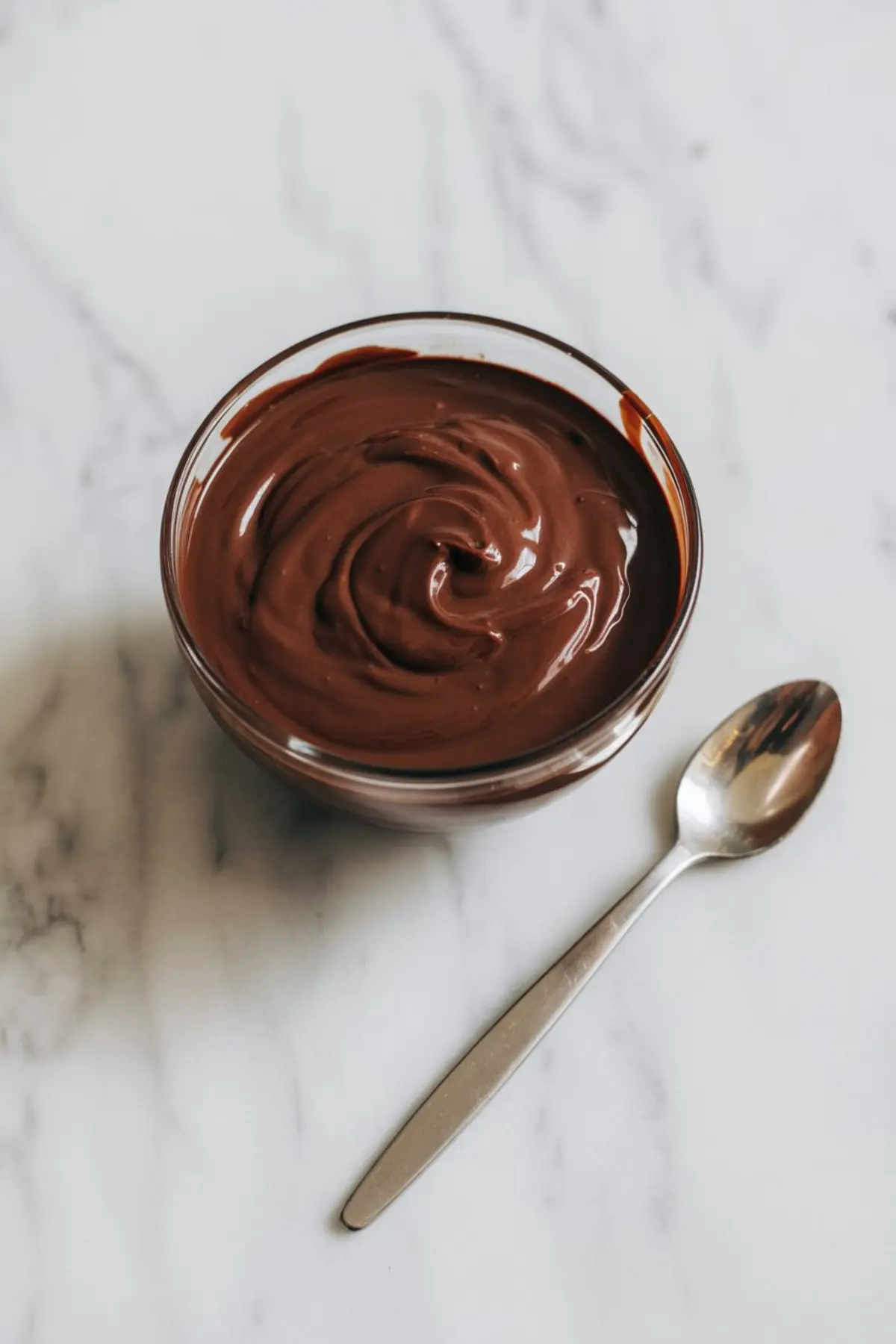 Smooth chocolate ganache swirled in a small glass bowl with a silver spoon beside it, ready for topping or spreading.