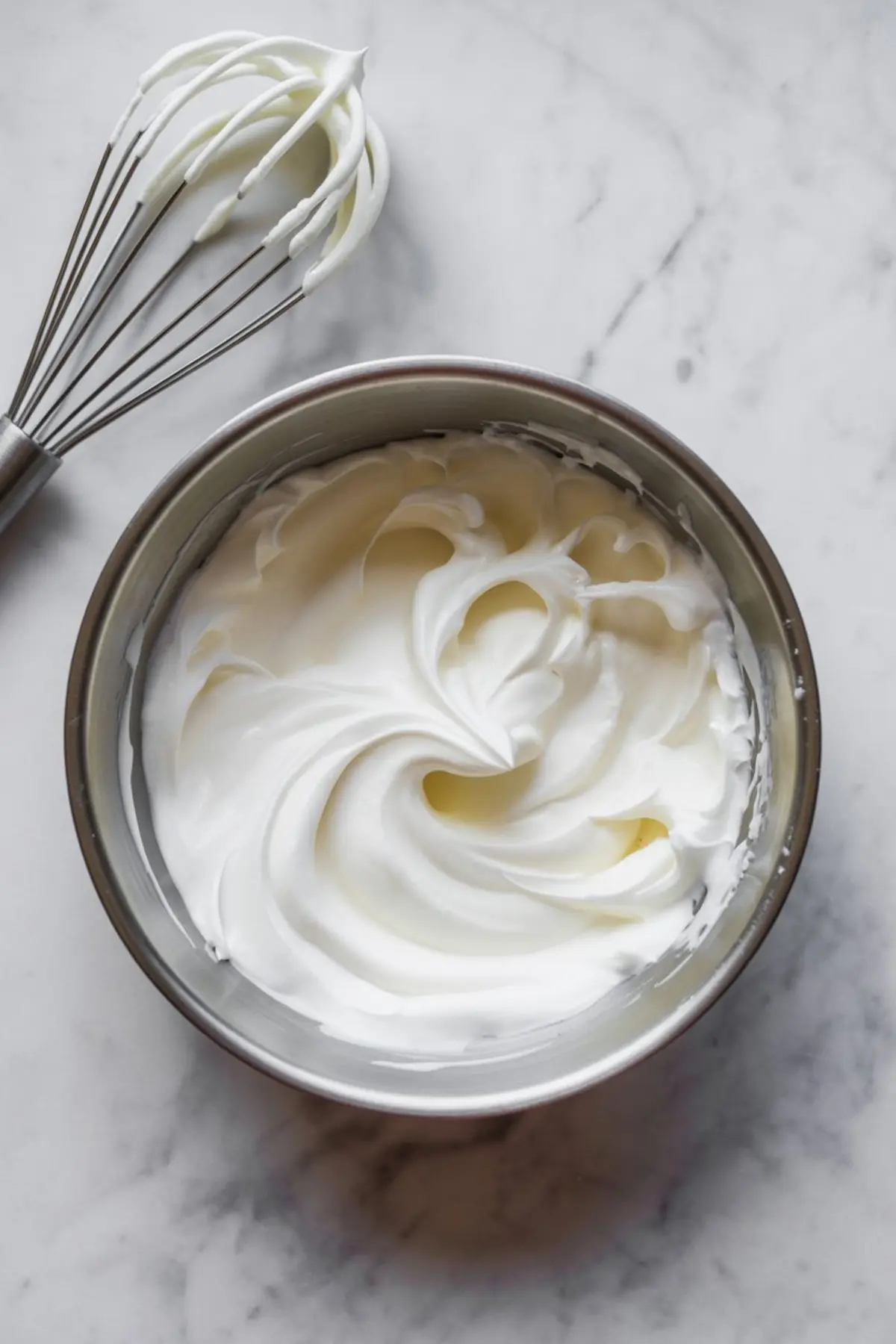 Freshly whipped cream in a metal bowl with soft peaks and a whisk coated in cream placed on the side, ready for folding into a dessert filling.