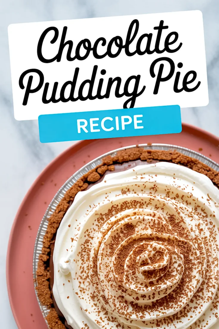 Overhead shot of a chocolate pudding pie in a foil pan topped with spiraled whipped cream and cocoa dusting, presented on a pink plate with a “Chocolate Pudding Pie Recipe” title.