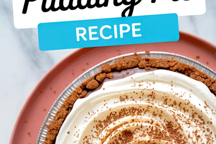 Overhead shot of a chocolate pudding pie in a foil pan topped with spiraled whipped cream and cocoa dusting, presented on a pink plate with a “Chocolate Pudding Pie Recipe” title.