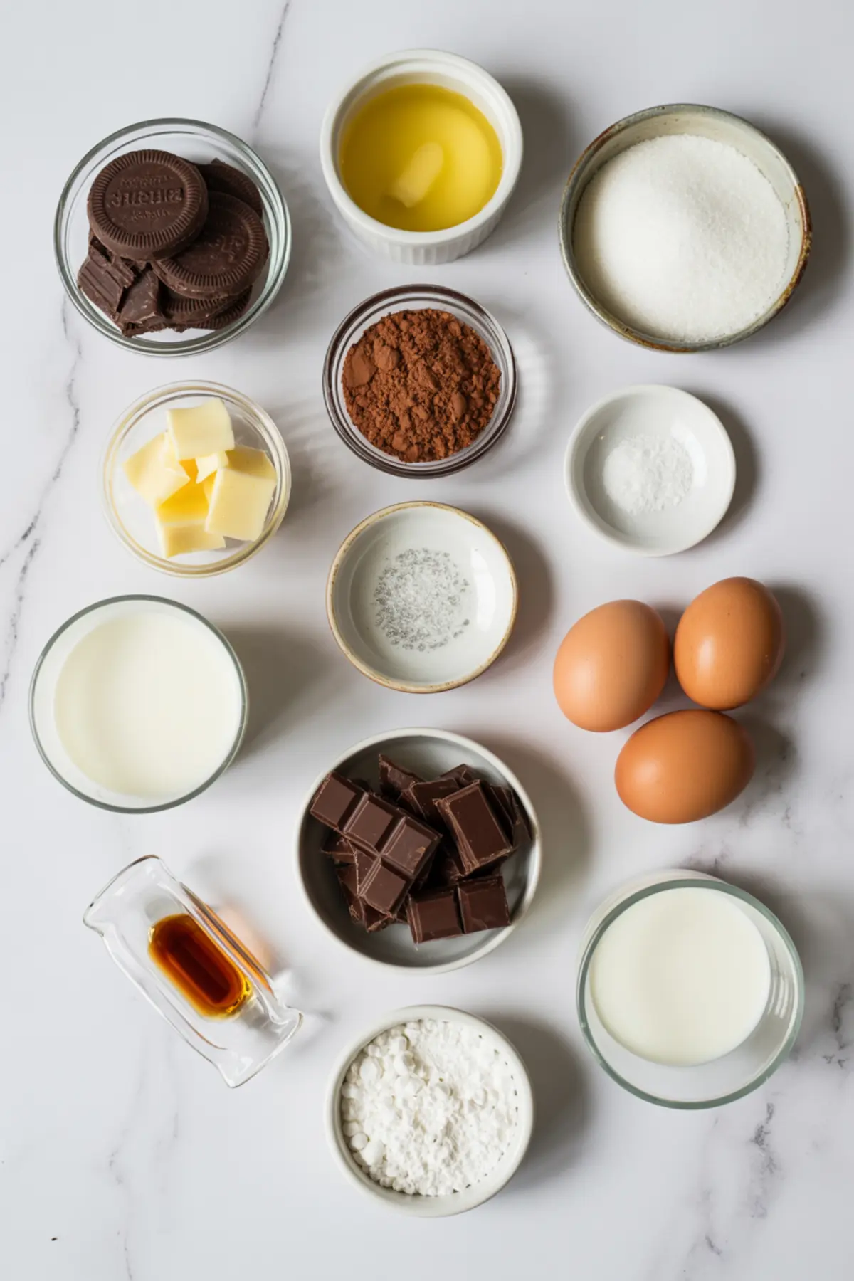 Flat lay of baking ingredients in bowls on a white marble surface, including chocolate, butter, cocoa powder, sugar, eggs, cream, vanilla extract, and Oreo cookies for chocolate pudding pie.
