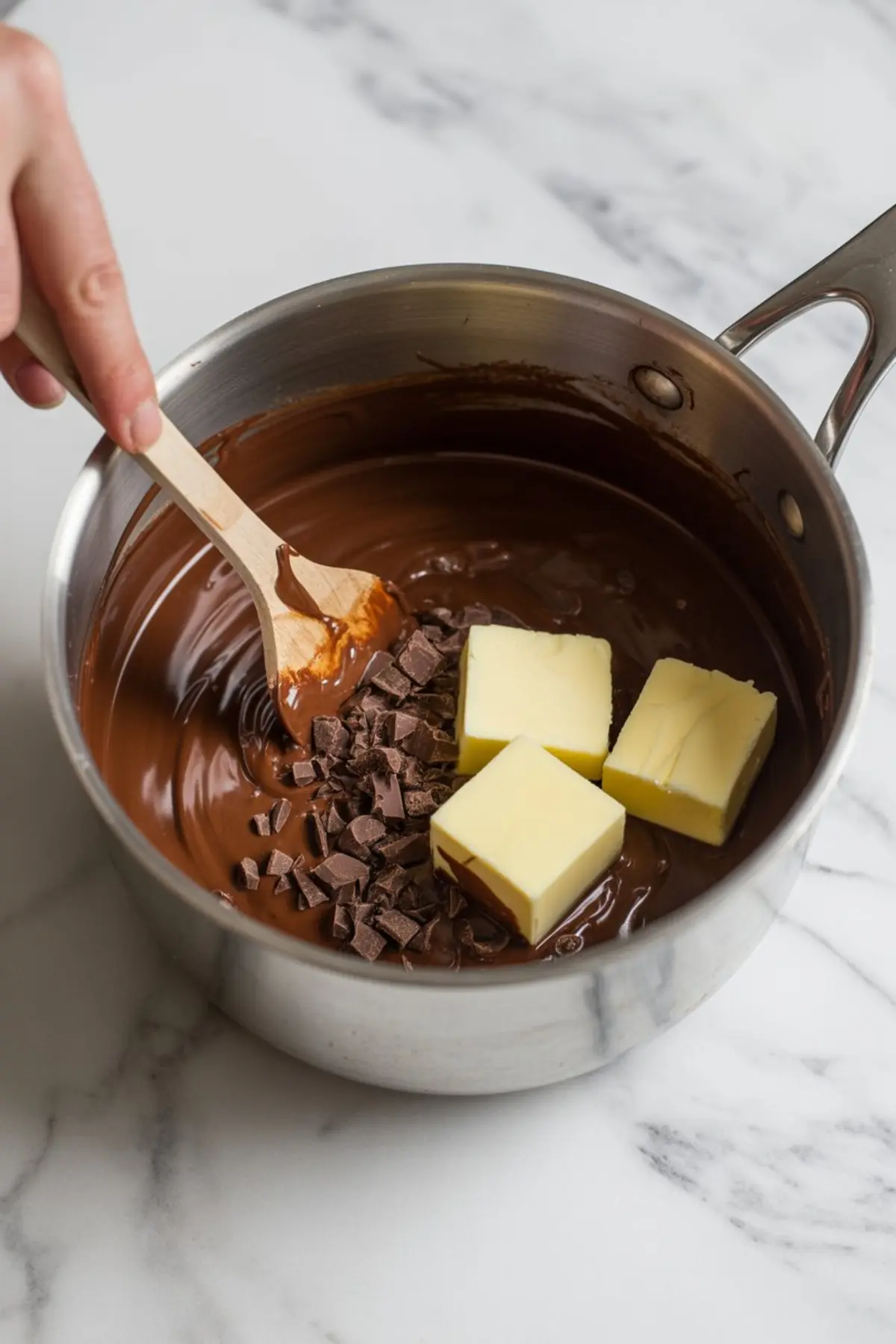 Melted chocolate being stirred in a stainless steel saucepan with chunks of butter and chopped chocolate on a marble countertop, showing a rich dessert preparation scene.