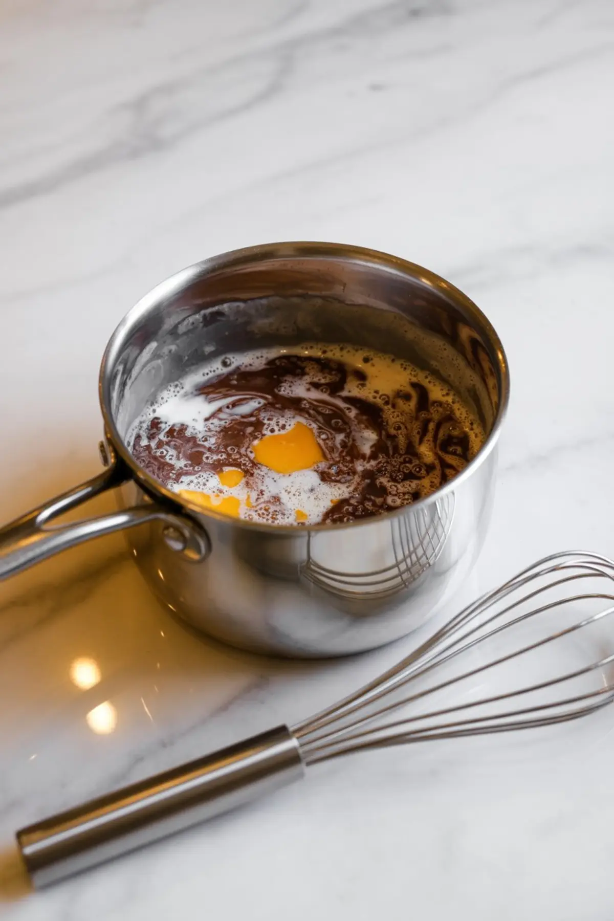 Egg yolks and milk mixed into melted chocolate in a saucepan, placed beside a stainless steel whisk on a marble surface, capturing a step in chocolate pudding filling.