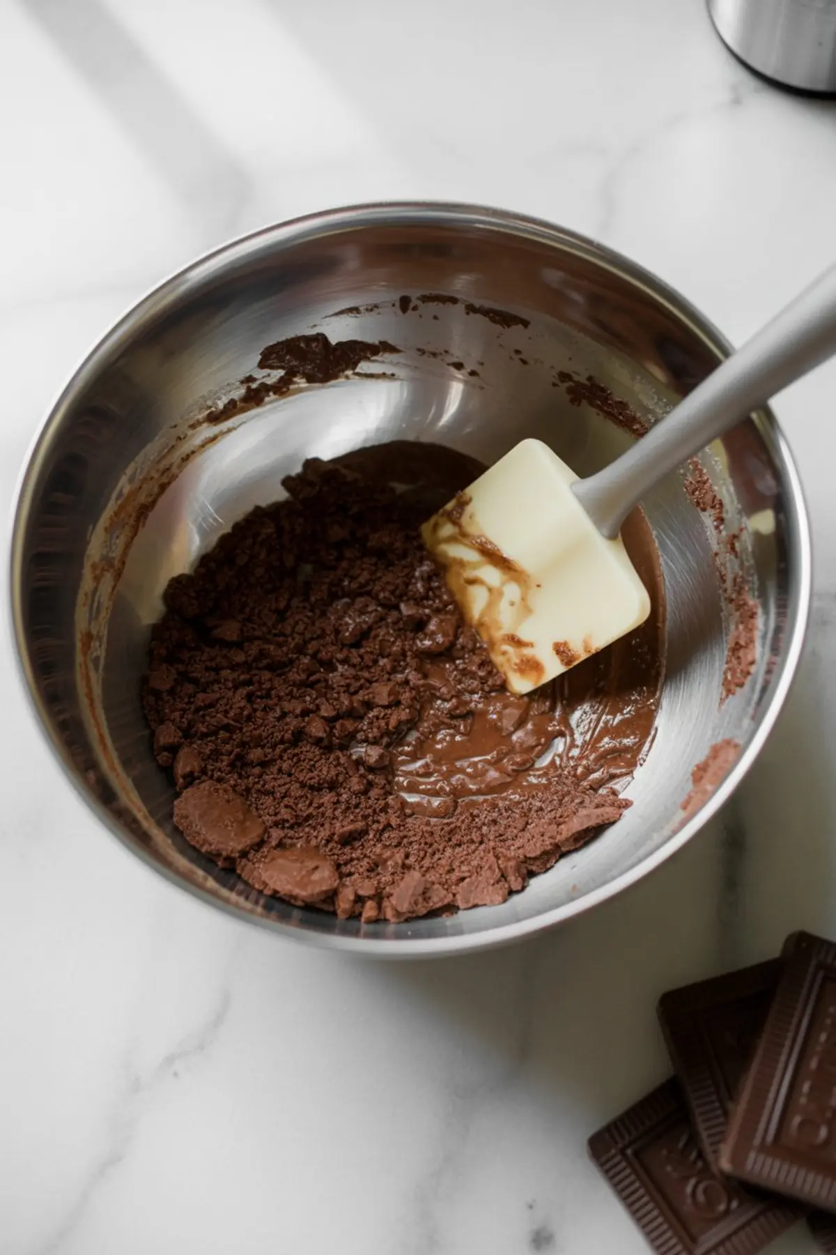 Mixing bowl with cocoa powder and chocolate mixture being folded with a spatula, placed next to chocolate squares on a white countertop, showing a dessert base preparation.