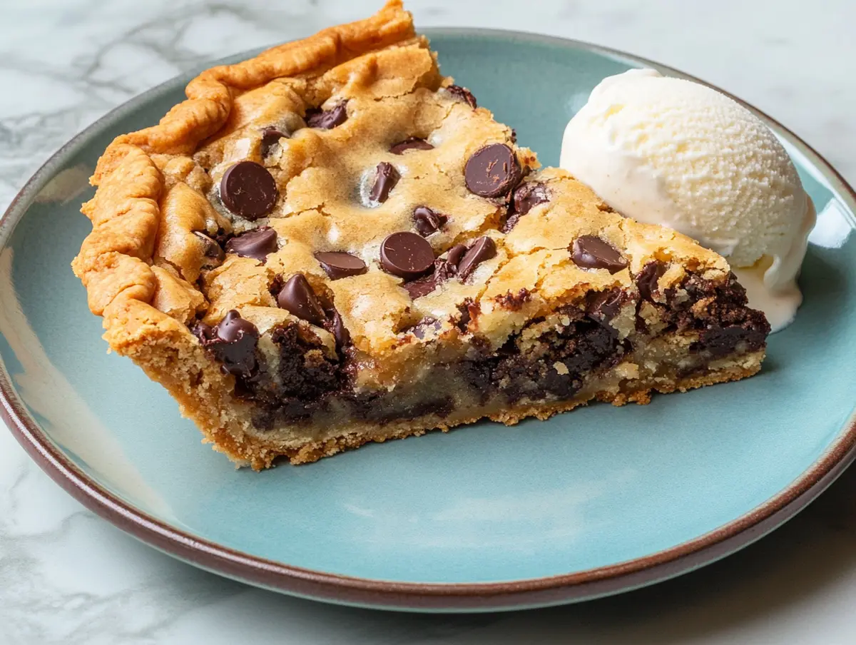 Close-up of thick cookie pie slice on a blue plate, filled with melty chocolate chips and served with vanilla ice cream, highlighting gooey texture and crisp crust.