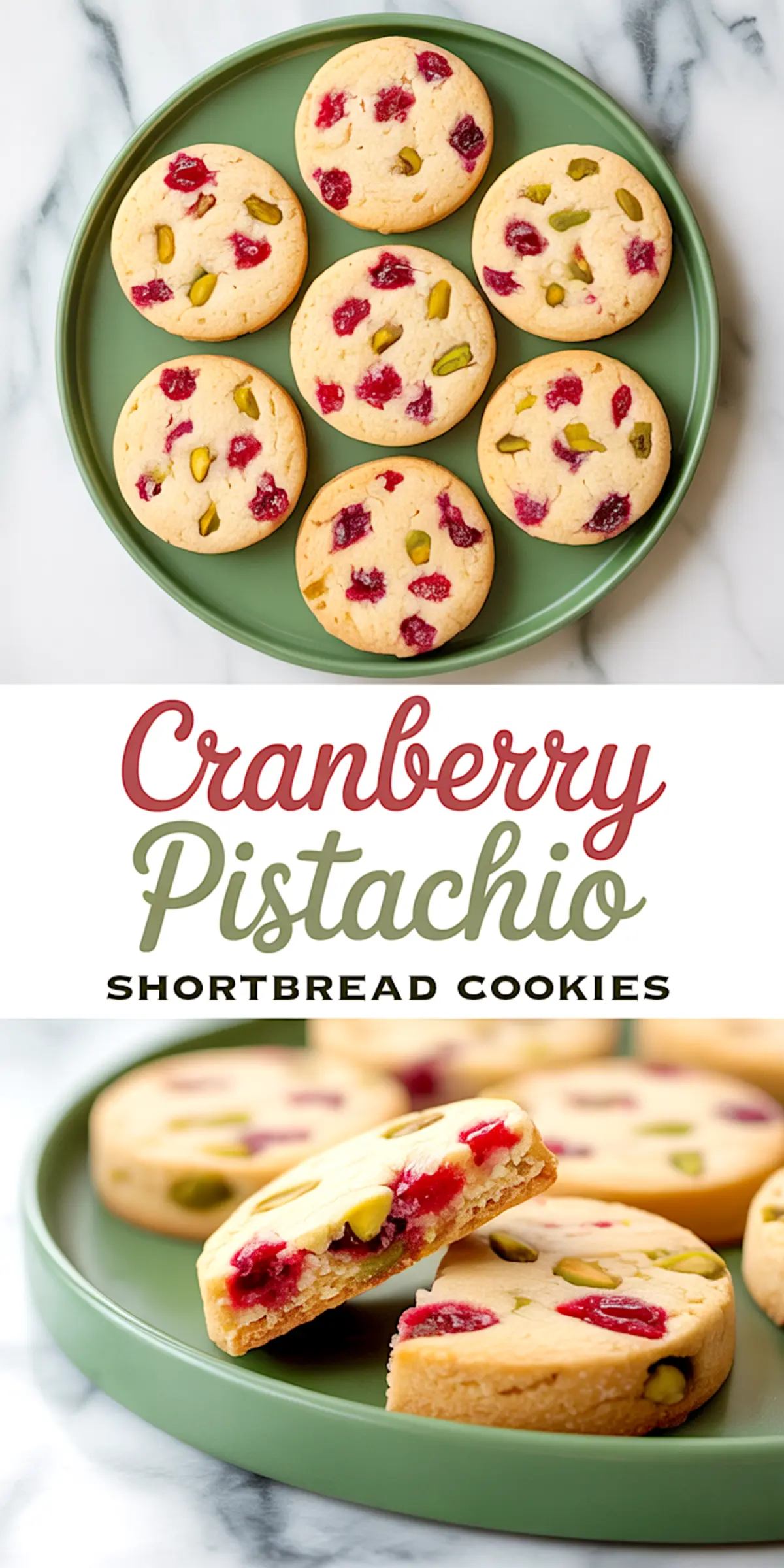 Round shortbread cookies filled with vibrant red cranberries and green pistachios are arranged on a green plate, with a halved cookie showcasing the buttery texture and colorful mix-ins.
