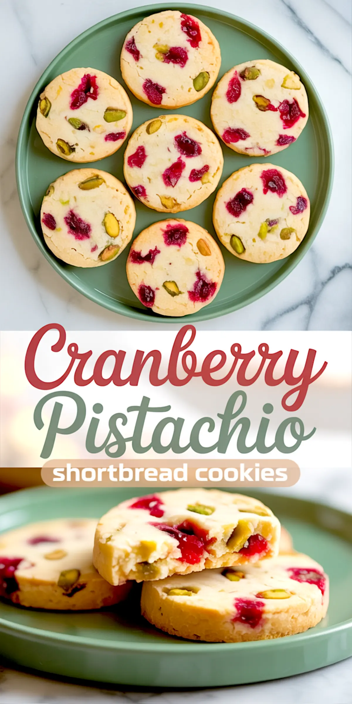 Golden shortbread cookies filled with pistachios and cranberries rest on a green plate, paired with a close-up image of a bitten cookie revealing its soft, crumbly interior.
