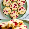 A top view shows round cookies with dried cranberries and pistachios on a plate, paired with a bottom close-up highlighting the crumbly texture and colorful nut and fruit pieces.