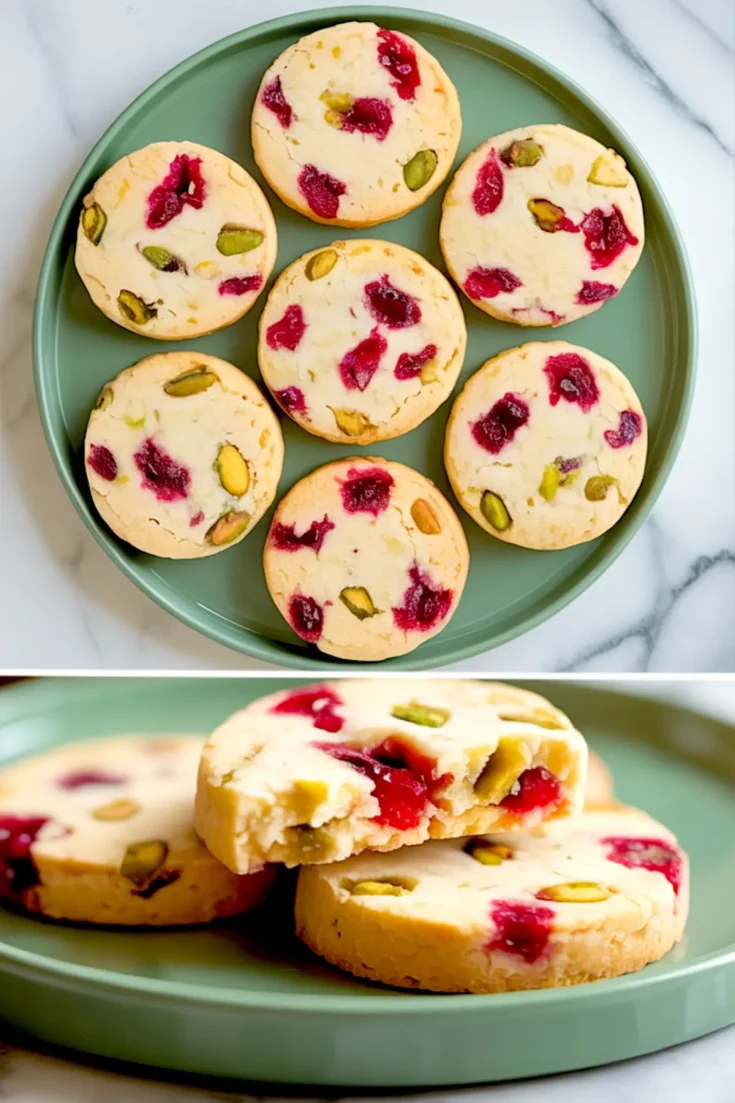 A top view shows round cookies with dried cranberries and pistachios on a plate, paired with a bottom close-up highlighting the crumbly texture and colorful nut and fruit pieces.