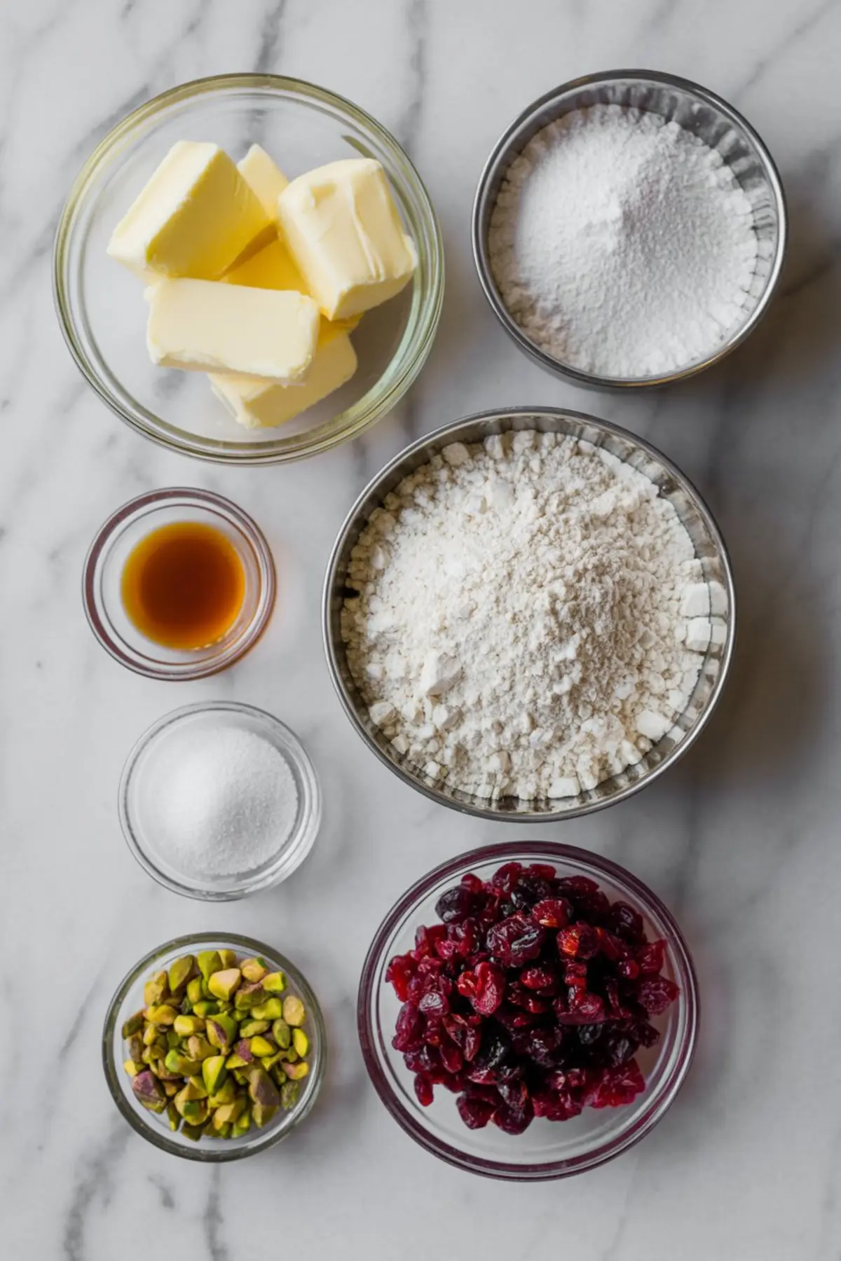 A marble countertop displays bowls of unsalted butter, powdered sugar, flour, granulated sugar, vanilla extract, chopped pistachios, and dried cranberries arranged neatly for cranberry pistachio shortbread cookie preparation.
