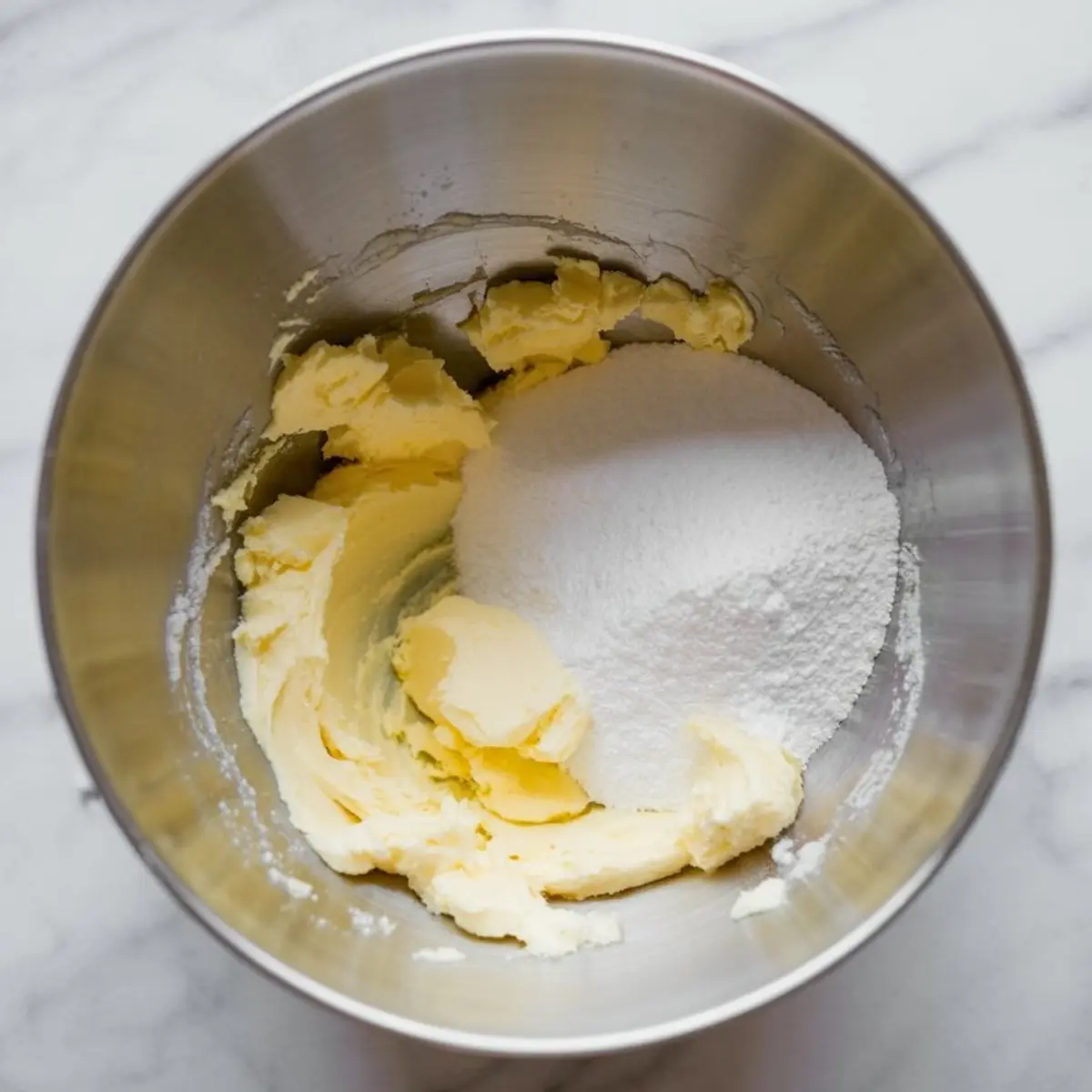 Softened butter and powdered sugar sit together in a stainless steel mixing bowl, ready to be creamed for a shortbread cookie dough base.

