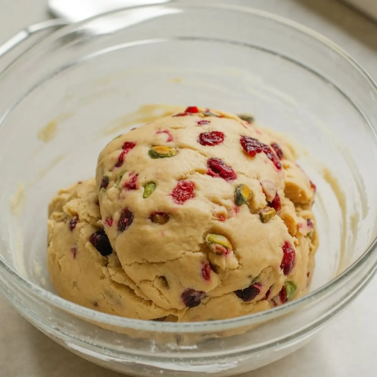 A clear mixing bowl holds freshly mixed shortbread cookie dough speckled with red cranberries and green pistachios, ready to be shaped and chilled.

