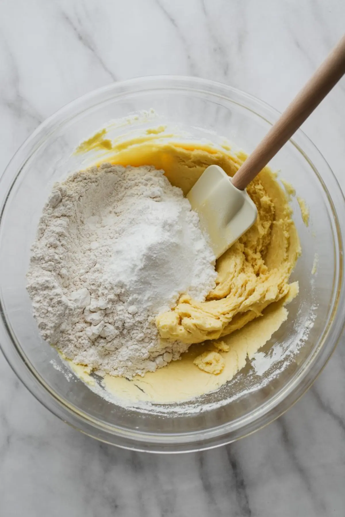 All-purpose flour is added to a bowl of creamed butter and sugar, with a rubber spatula resting on the side during the early mixing stage of cookie dough preparation.
