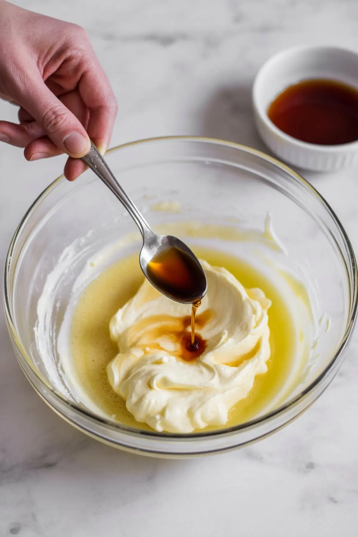 A hand pours vanilla extract from a spoon into a whipped butter mixture in a clear glass bowl on a marble surface, adding flavor to the cookie dough.
