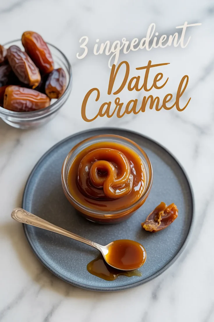 Flat lay of a small glass jar filled with thick, swirled date caramel on a gray plate, accompanied by a vintage spoon, a halved date, and a bowl of whole Medjool dates in the background. Text overlay reads “3 ingredient Date Caramel.”