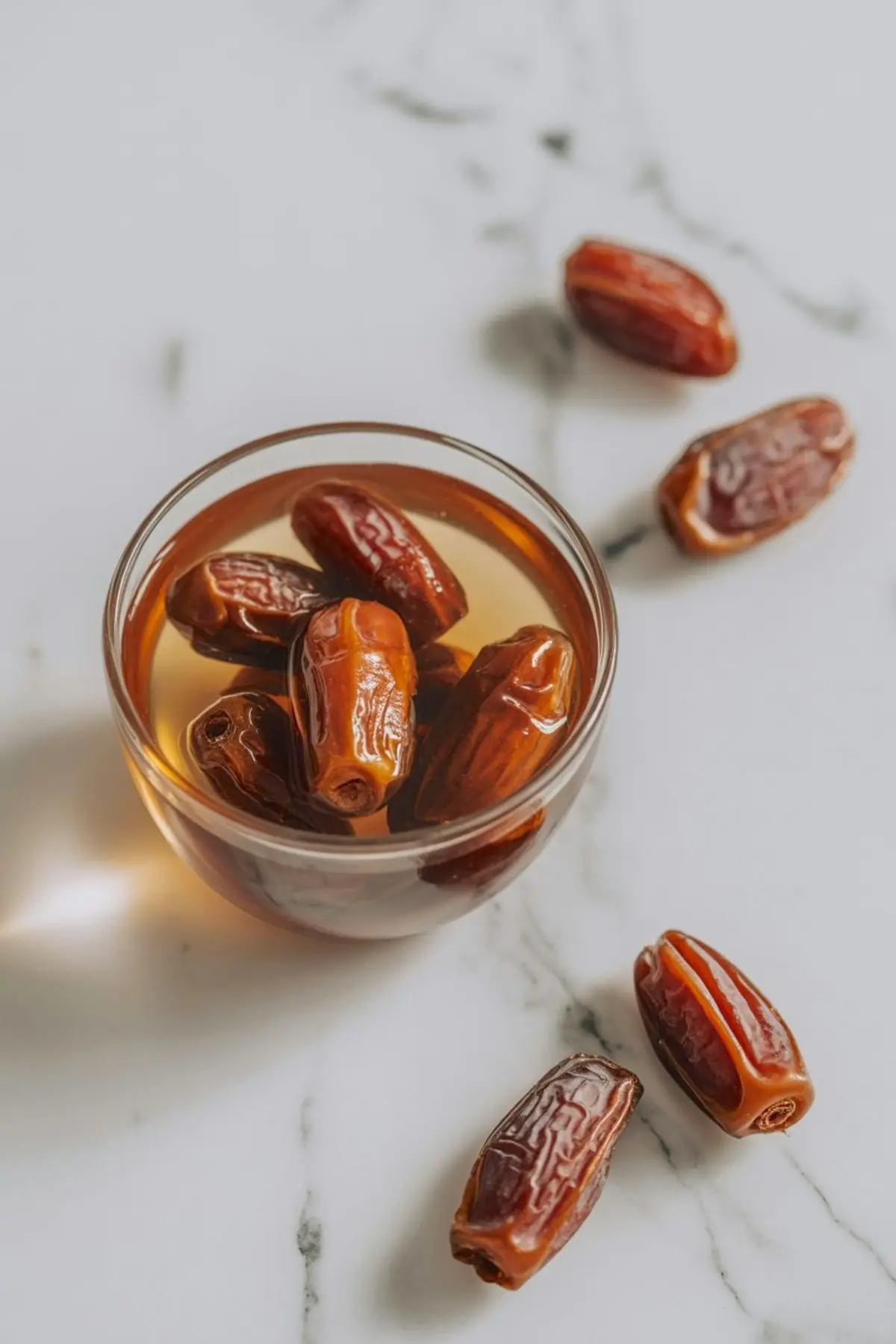 Glass bowl filled with Medjool dates soaking in warm water, with a few dates scattered on a white marble surface to show texture and color.